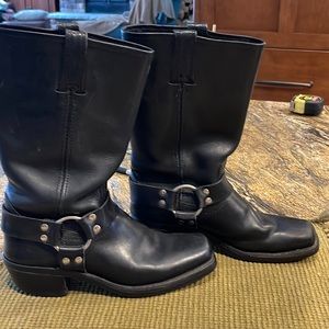 Black Frye harness boots.  Leather is in remarkable condition.